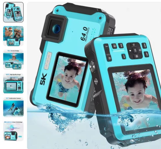 UHD 5K 64MP 16FT Underwater Digital Camera with WiFi Connection 16X Digital Zoom Selfie Dual Screens Waterproof for Snorkeling