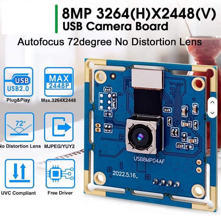 ELP 8MP Ultra HD autofocus mini USB camera module with no distortion lens for Raspberry Pi and PC.