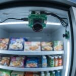 Joyllon HJH56-V1-38-V3.0 USB freezer camera module installed inside a smart commercial refrigerator for retail inventory monitoring.