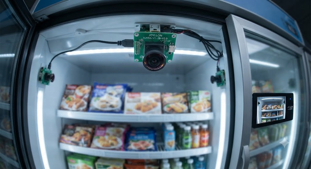 Joyllon HJH56-V1-38-V3.0 USB freezer camera module installed inside a smart commercial refrigerator for retail inventory monitoring.