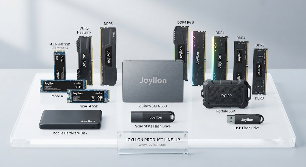 China manufacturer solid state flash drive, M.2 NVMe SSD, and DDR4 memory modules display from Joyllon.