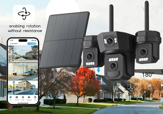 2026 9MP Three-Lens Solar PTZ Camera with 4G SIM Card for Outdoor Security