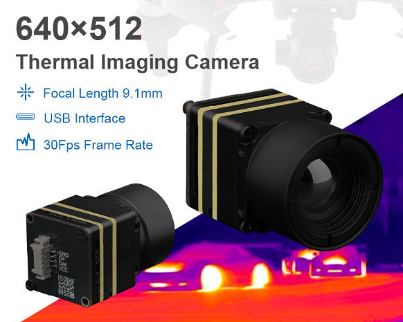 YXG609T 640x512 high-resolution infrared thermal imaging camera module core component mounted on an FPV RC drone for night vision and UAV thermal inspection.
