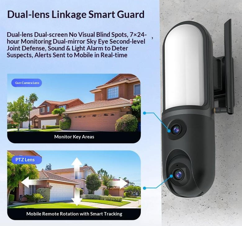 Joyllon dual-lens garden lamp with wireless camera, smart outdoor WiFi lighting with full-color night vision for property security.