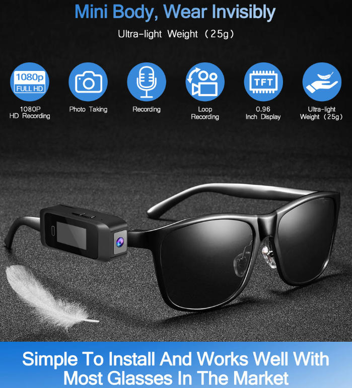 Joyllon S9 1080P wearable glasses DVR mini pocket camera mounted on frames for hands-free video recording.