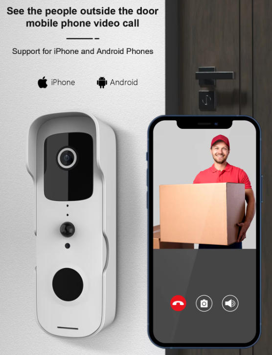 Tuya WiFi Video Doorbell with 1080P HD camera and smartphone app monitoring preview.