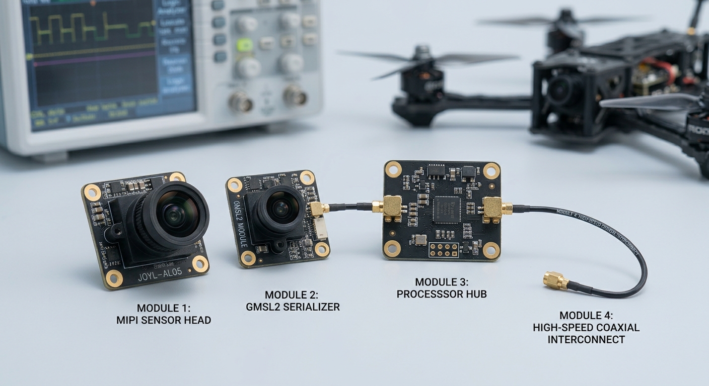 A four-part modular embedded vision system on a workbench showing a MIPI sensor head, GMSL2 serializer, processor hub, and high-speed coaxial interconnect cable.